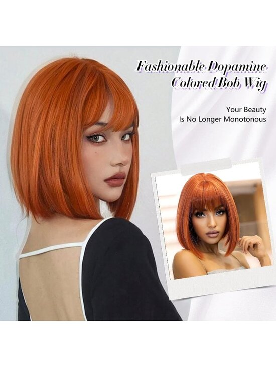 Women Dark Orange Heat Resistant Synthetic Bob Party Neon Wig Bangs 12 Inch main image 4